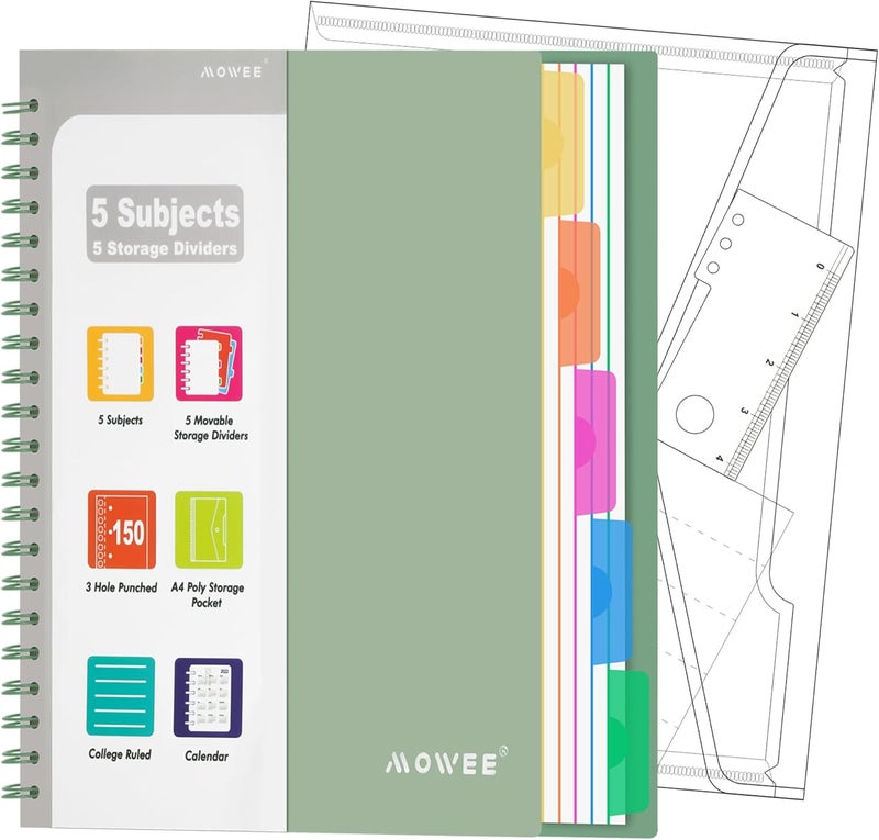 MOWEE 5 Subject Notebook - Spiral Notebook, College Ruled Notebook With Dividers Pocket, Tabs, 11" Ruler, 300 Pages, for Writing Journal, Home & Office, School Supplies, 8.5x11''Forest Green 150Sheets - Image 1